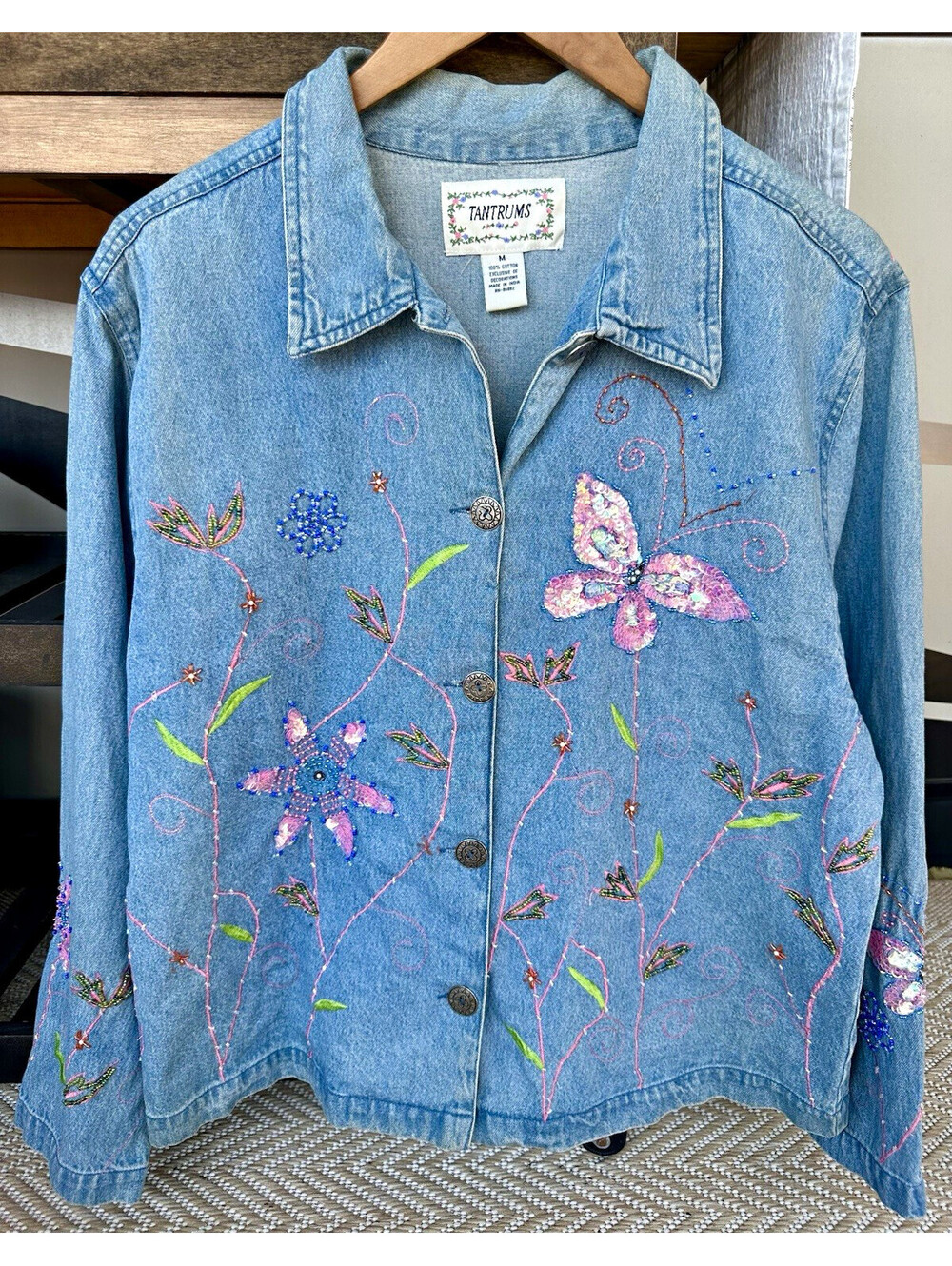 Vintage Tantrums Women's Blue Jacket Size M Button Front Collared Embellished